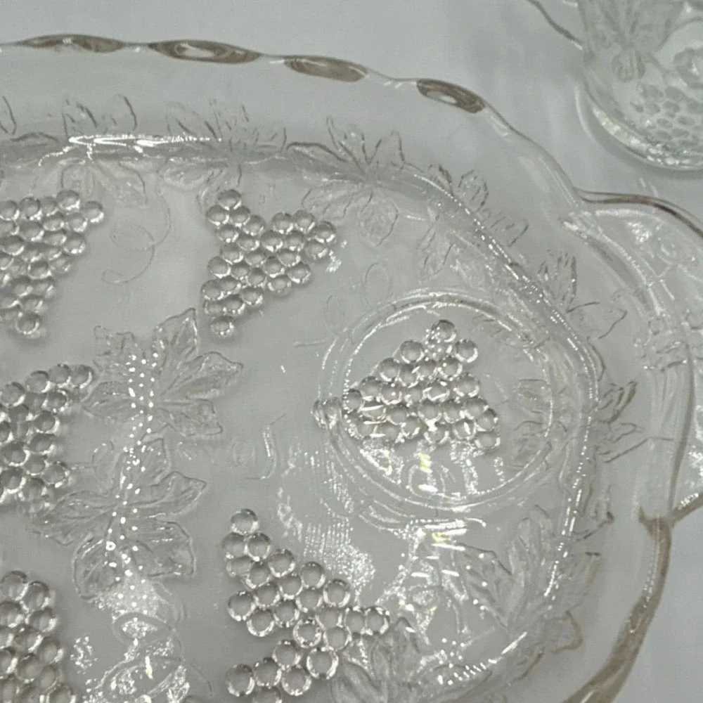 Pressed Glass Oval Snack Tray Grape Leaf Pattern with Matching Cups Two sets